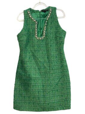 Boston Proper Green Tweed Sheath Dress Pearl Embellished Sleeveless Size 12